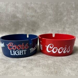 Set of 2 Vintage Coors Beer Red Plastic Ashtrays 1 Red & 1 Blue